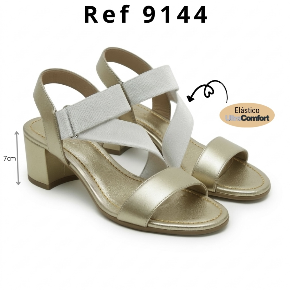 Ref. 9144 dourado Salto 7 cm Rob elástico cruzado - Buffone Comfort